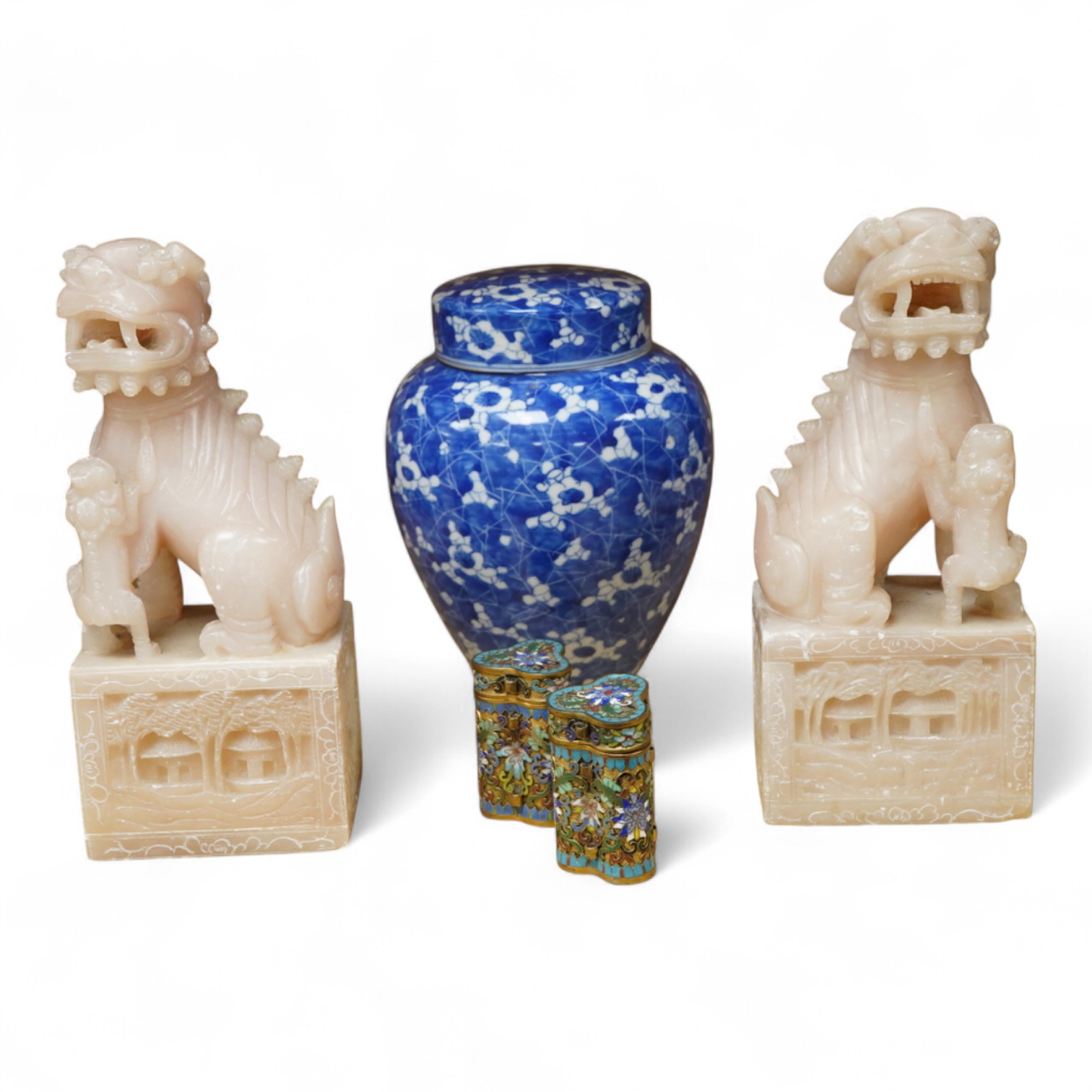 A pair of Chinese soapstone lion-dogs - 22.5cm high, two cloisonné enamel boxes and covers and a blue & white jar & cover